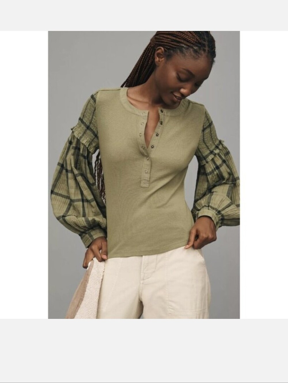 Pilcro Anthropologie Andie Henley Top with Plaid Balloon Sleeves Sz.XS